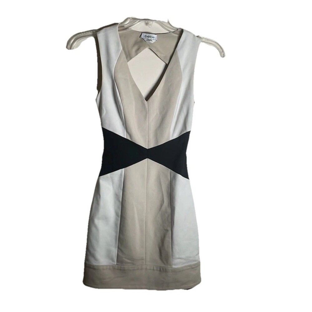 Bebe Womens Size XS, 0  Cut-out color block Classic fitted dress tan white black